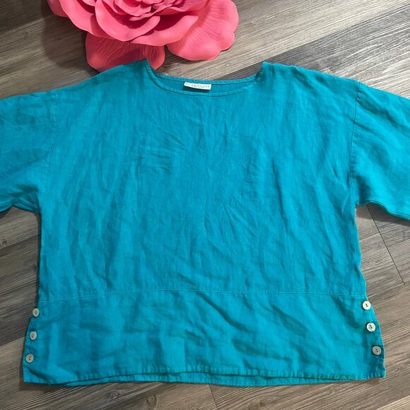 BRYN WALKER Sz L Blue 100% Linen Oversized Boho Lagenlook Tunic Top Side Buttons - Picture 2 of 9